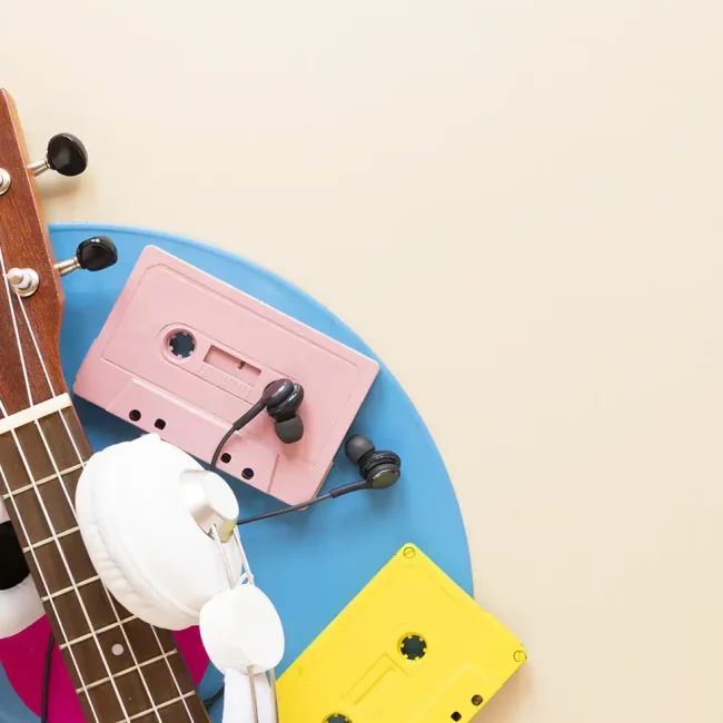 top-view-guitar-with-audio-cassettes